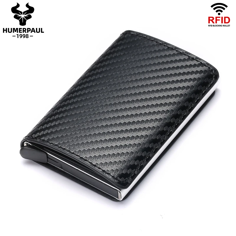 Carbon Fiber Card Holder Wallet Slim Aluminum Pop Up Bank Card Case Anti Rfid Protected Money Wallets with Elasticity Pouch