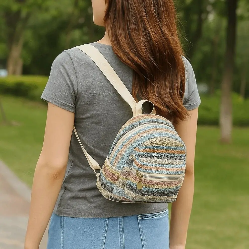 

Portable Woven Small Backpack Ethnic Style Large Capacity Straw Weaving Backpack Multicolor Stripes Beige Mini School Bag