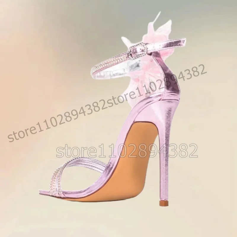 Pink Floral Feather Crystal Strappy Open Toe Sandals Ankle Buckle Strap Women Shoes Thin High Heels New 2026 Zapatos Para Mujere