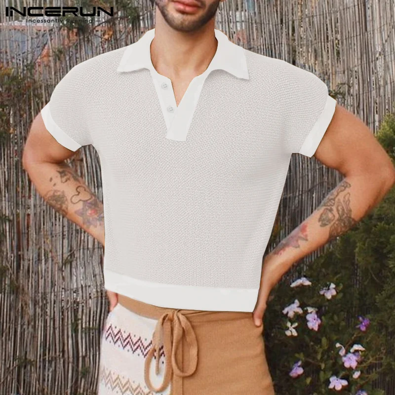 INCERUN Tops 2026 Fashion Men Patchwork Mesh Design Shirts Sexy Casual Streetwear Male Lapel Short Sleeve Men Clothes Streetwear