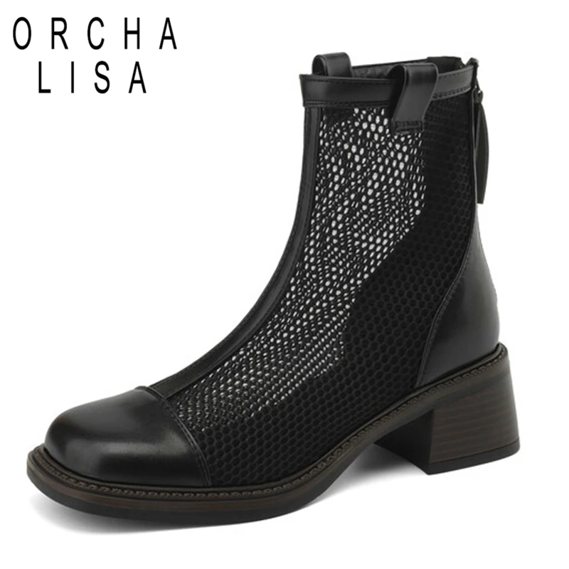 

ORCHA LISA 2024 Mesh Summer Ankle Boots Zip Hollow Breathable Cool 5.5cm Square Heel Round Toe Western Big Size 41 42 43 Black