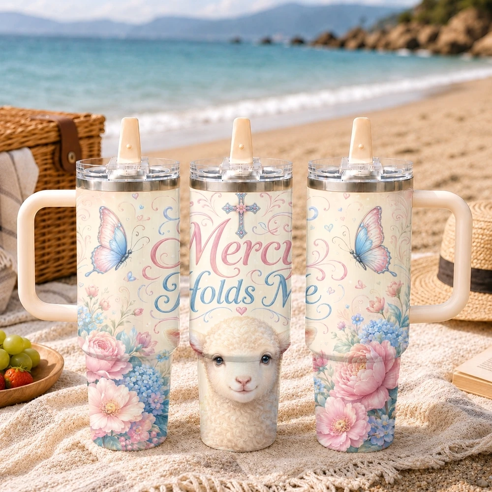 Christ Jesus Cross Blessings Me Vacuum Flasks 40oz Thermal Tumbler Handle Stainless Steel Insulated Water Portable Mug Cup
