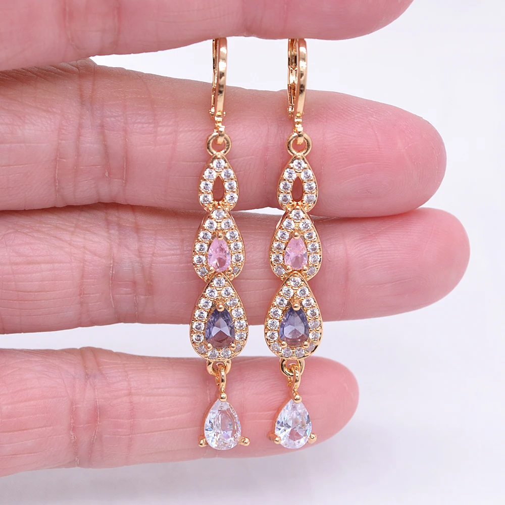 Fashion Gold Color Women Green Cubic Zirconia CZ Long Water Drop Dangle Earrings Jewelry
