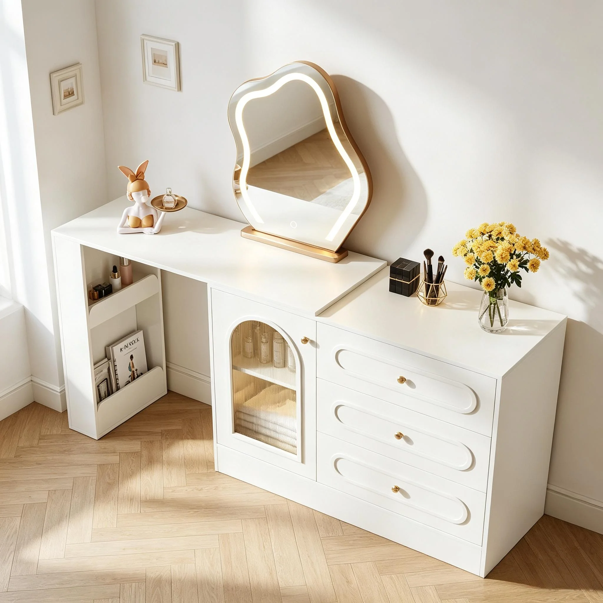 *Nordic White Vanity Table with Dimmable Lighted Mirror, L-shaped Three Drawer Dresser for Bedroom Apartment Hotel Home Use