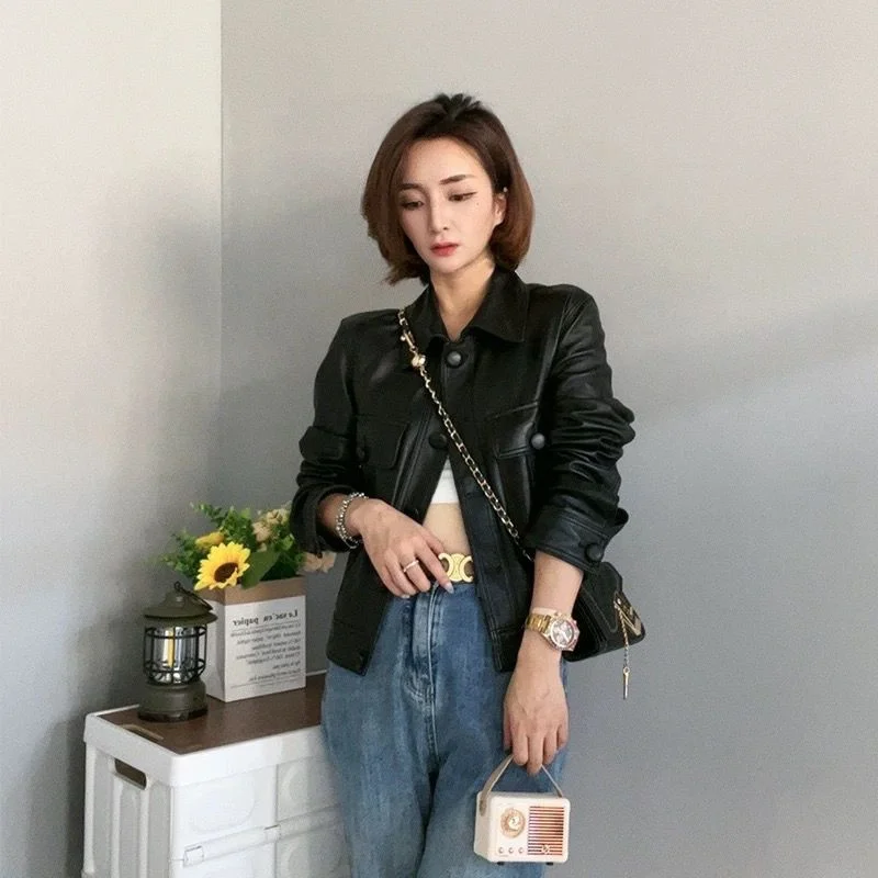 High-Quality PU Leather Coat Girl 2025 Spring Autumn New Sheepskin Outwear Women Square Collar Pipi Jacket Female Short Overcoat