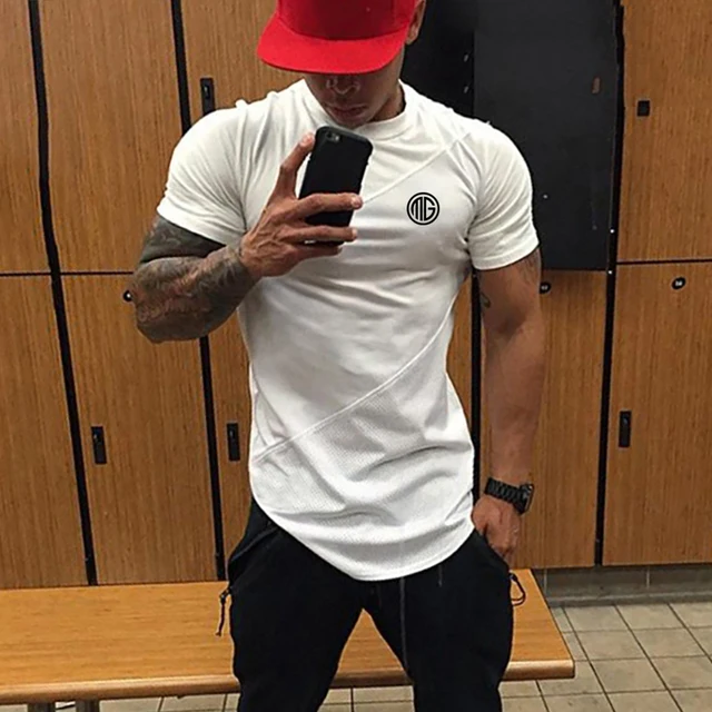 Męska koszulka z mięśniami Siłownia Kulturystyka Fitness Koszulki Topy Bawełniane Patchwork Mesh Slim Fit T Shirt Bawełniana koszulka sportowa z krótkim rękawem