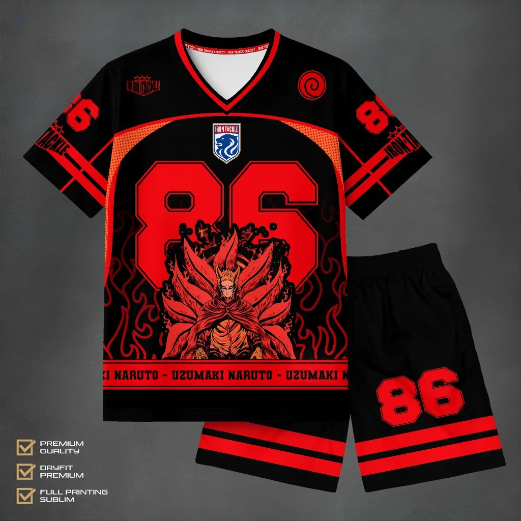 Naruto Uzumaki Baryon Mode Anime Print Jersey Set Adult Kid T-Shirt & Shorts 2Pcs Family Summer Breathable Quick Dry Sportswear