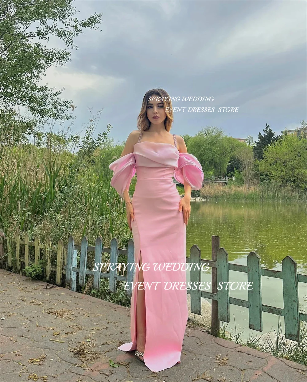 SPRAYING Elegant Pink Satin Strapless Sling Evening Dress Floor-Length Long Prom Dress Straight Side Slit Formal Evening Dress