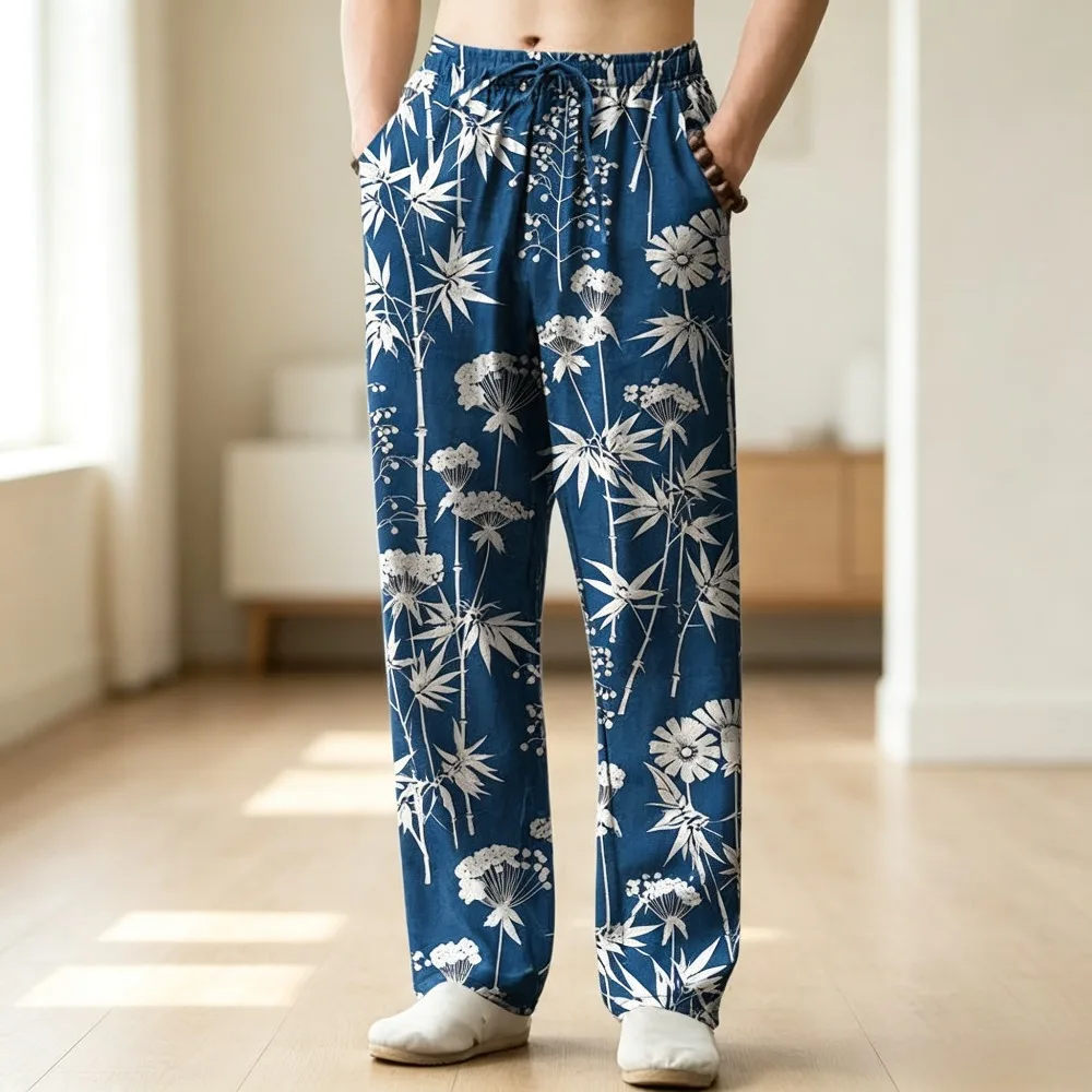Men's Cotton Japanese Harajuku Wide Leg Harem Pants Ethnic Landscape Print Casual Trousers with Side Pockets Aesthetic Bottoms