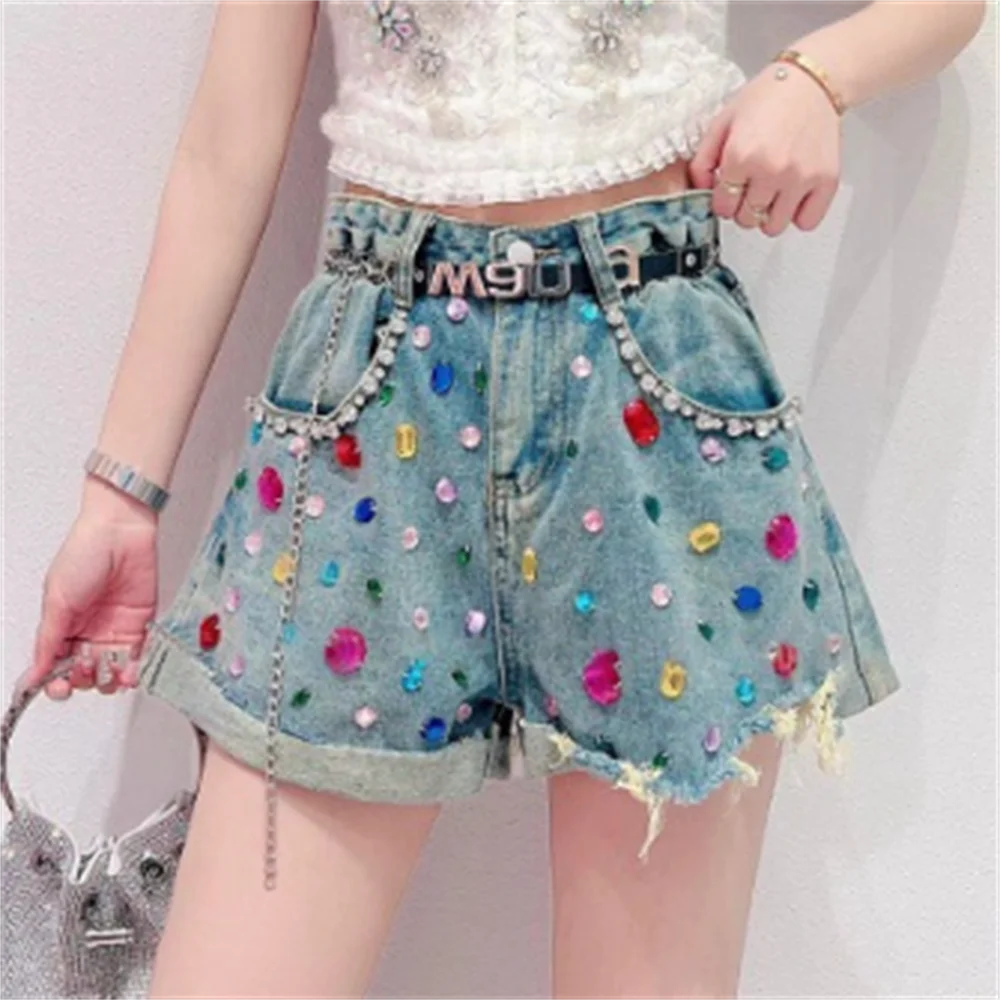 

Color diamond denim shorts for women new high-waist loose wide-leg trousers