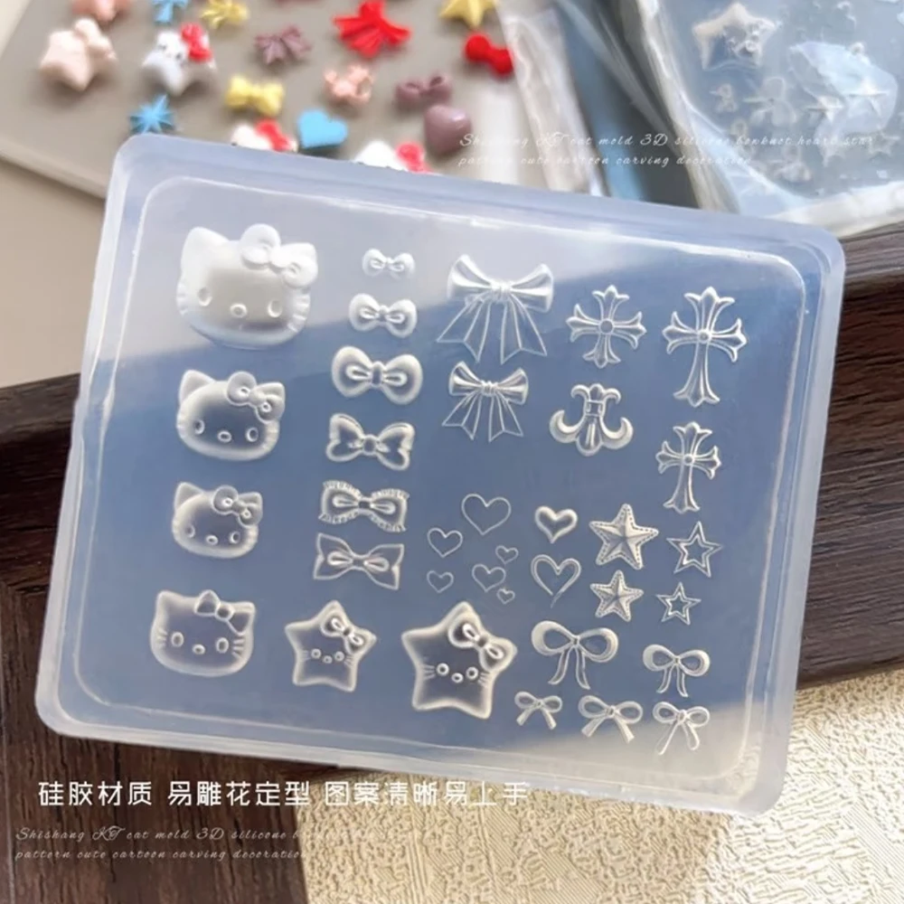 3D Kawaii Cartoon Hello Kitty Nail Carving Mold Sticker Silicone Nail Art Mold Heart Bowknot Cross Nails Stencils Decals for DIY - Image 2