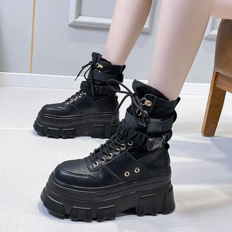 

Fashion New Punk Chunky Platform Motorcycle Boots Women Autumn Winter Gothic Shoes Woman Thick Bottom Lace Up Ankle Botas Mujer