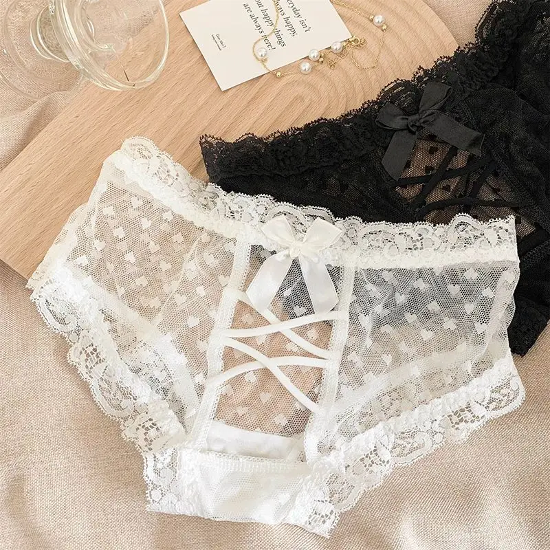 Hollow Out Lace Women Panties See-through Underwear Traceless Sexy Underpants Triangle Panties Bow Tie Sweet Lingerie New