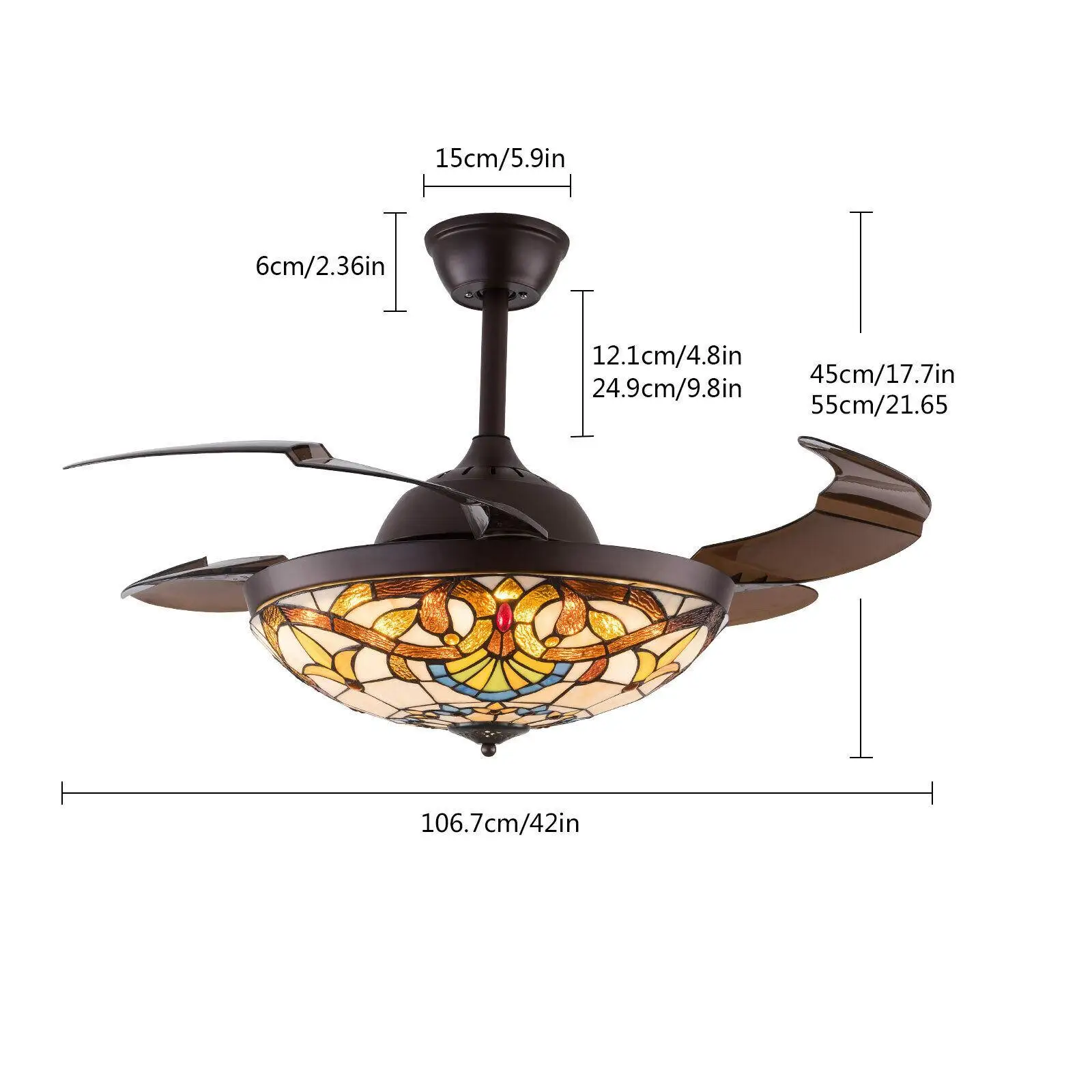42 Inch Tiffany Style Invisible Ceiling Fan Light Classic LED Chandelier with Remote Control 3 color Light