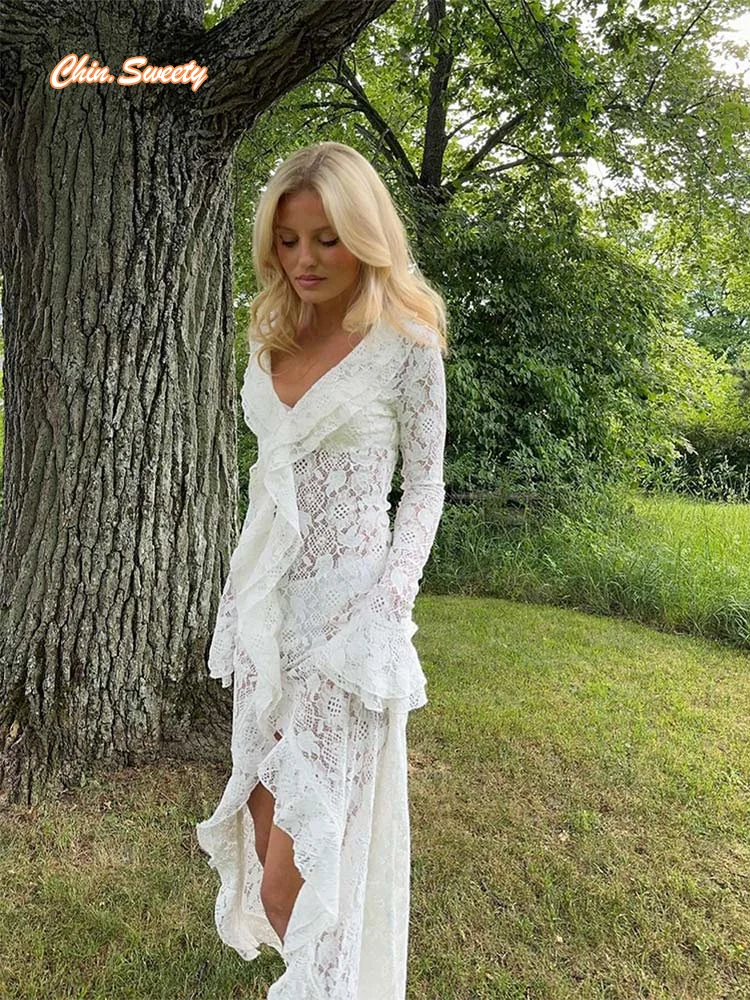 

Sexy Deep V Neck See-through High Split Maxi Dress Fashion Long Sleeve Lace Edge Women Spliced Long Dress Lady Holiday Mesh Robe