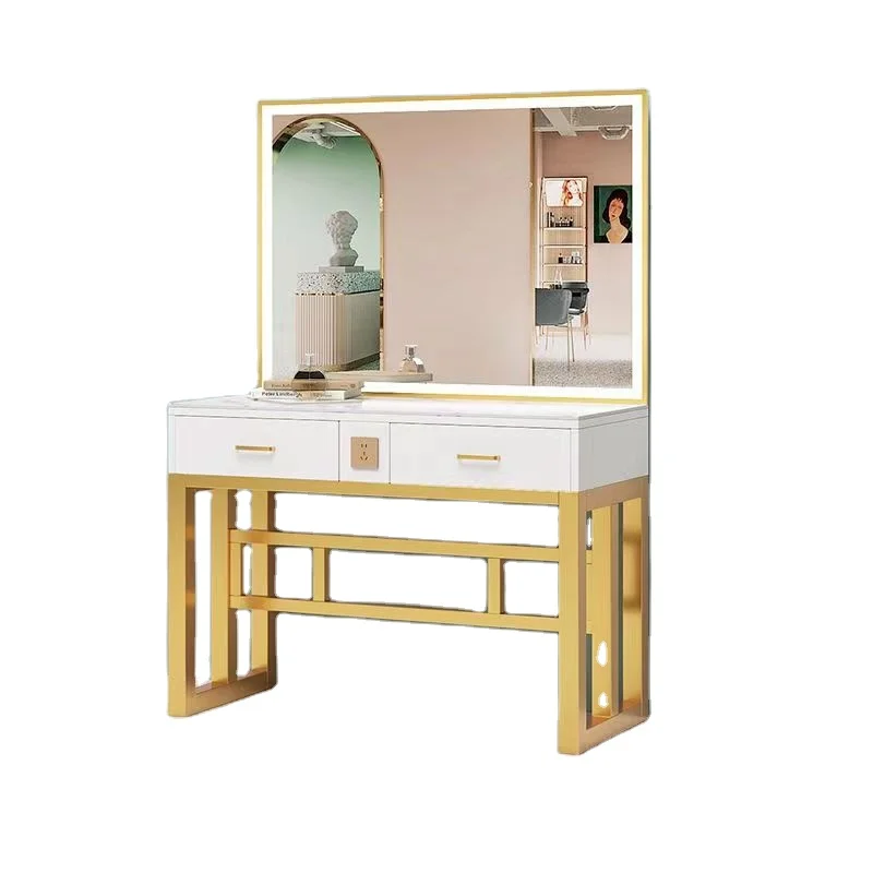 Barber Shop & Beauty Salon Glass Commercial Hair Salon Mirror Table With Makeup Station Red Lighted Cutting Mirror