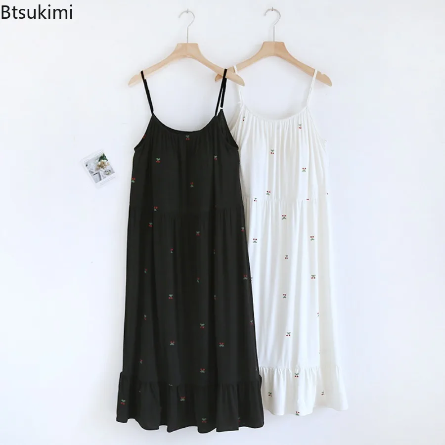 Women's Modal Pajama Dress with Chest Pad Summer Thin Style Small Cherry Printed Nightwear Dress Sexy Sling Nuisette Nightgowns