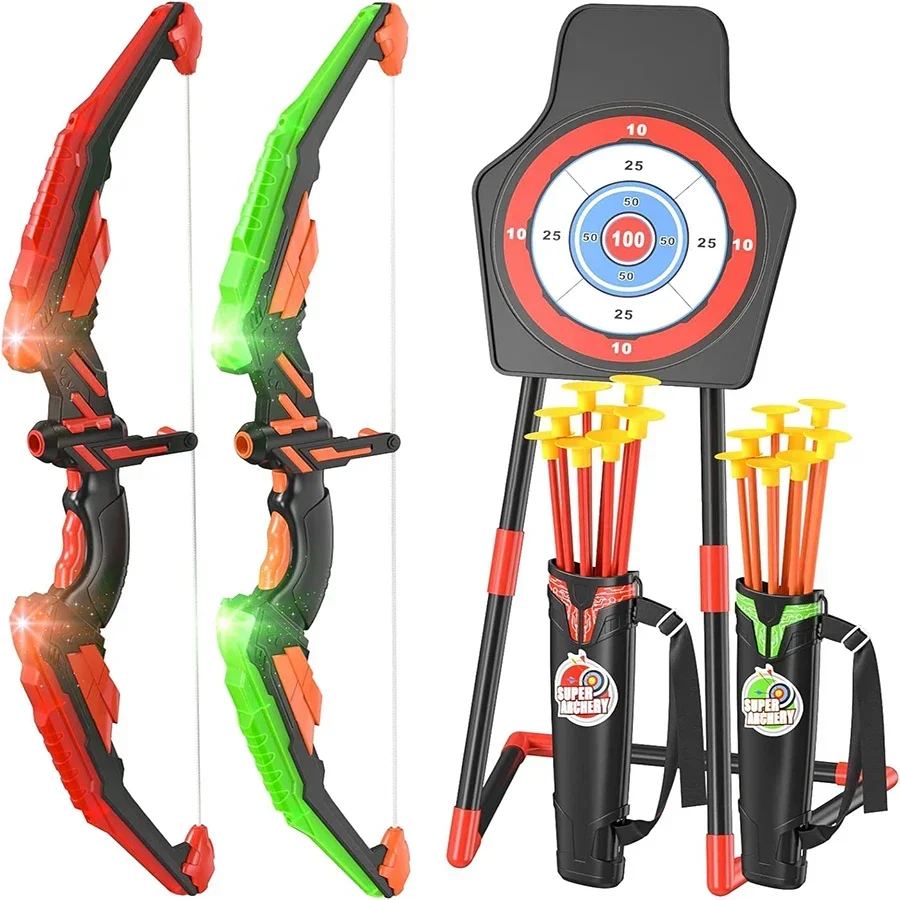 MQUDUO Lot de 2 arcs et flèches lumineux avec cible sur pied, flèches à ventouse pour concours de tir à l'arc en plein air, cadeau