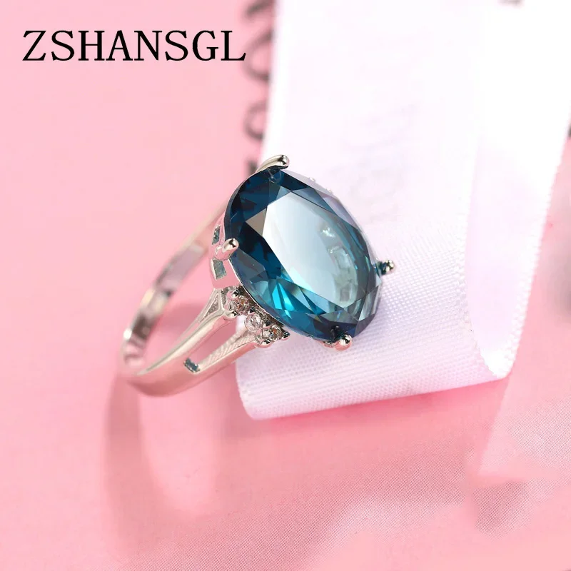 Fashion Women Jewelry 925 Sterling Silver Oval Dazzling Blue Zircon Crystal Rings Size 6-10 Female Jewelry Anillos Wholesale