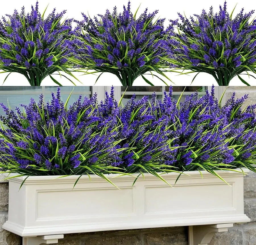 

48 Bundles Artificial Plants Flowers Outdoor – Faux Lavender Flowers with Monkey Grass UV Resistant Plastic Faux Plants for Gard