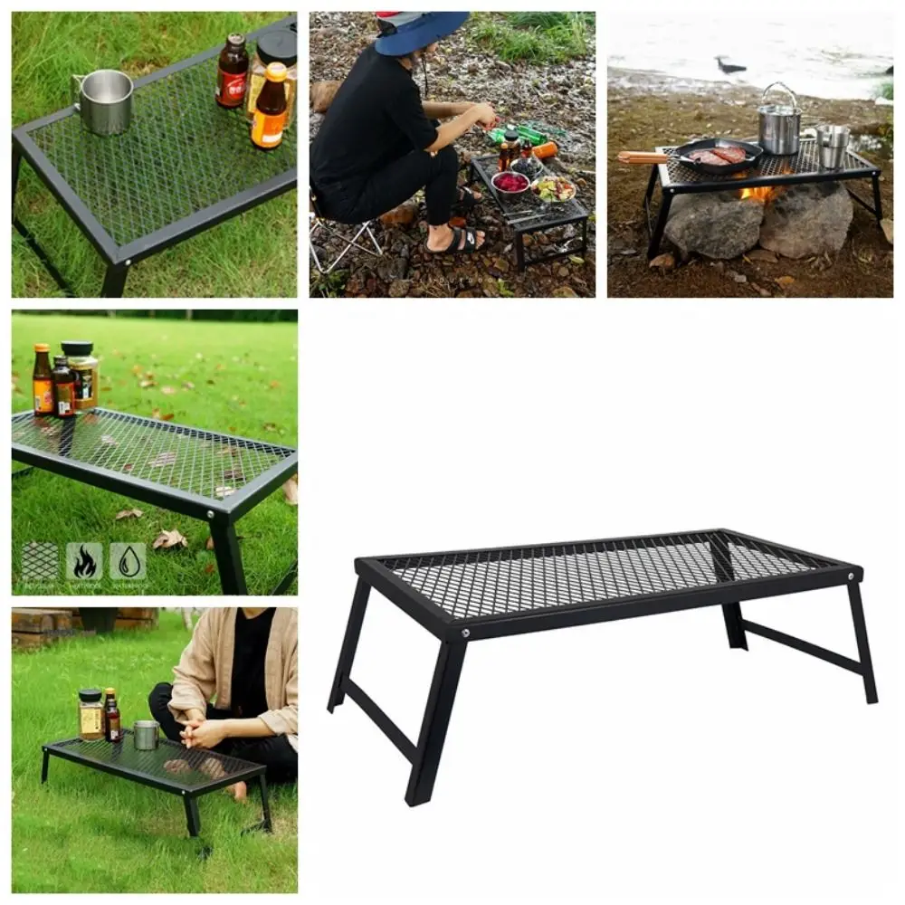 

Cooking Pit Foldable Camping Grill Table Black Iron Campfire Rack Sturdy Over Flame Camping Cooking Grate Heavy Duty