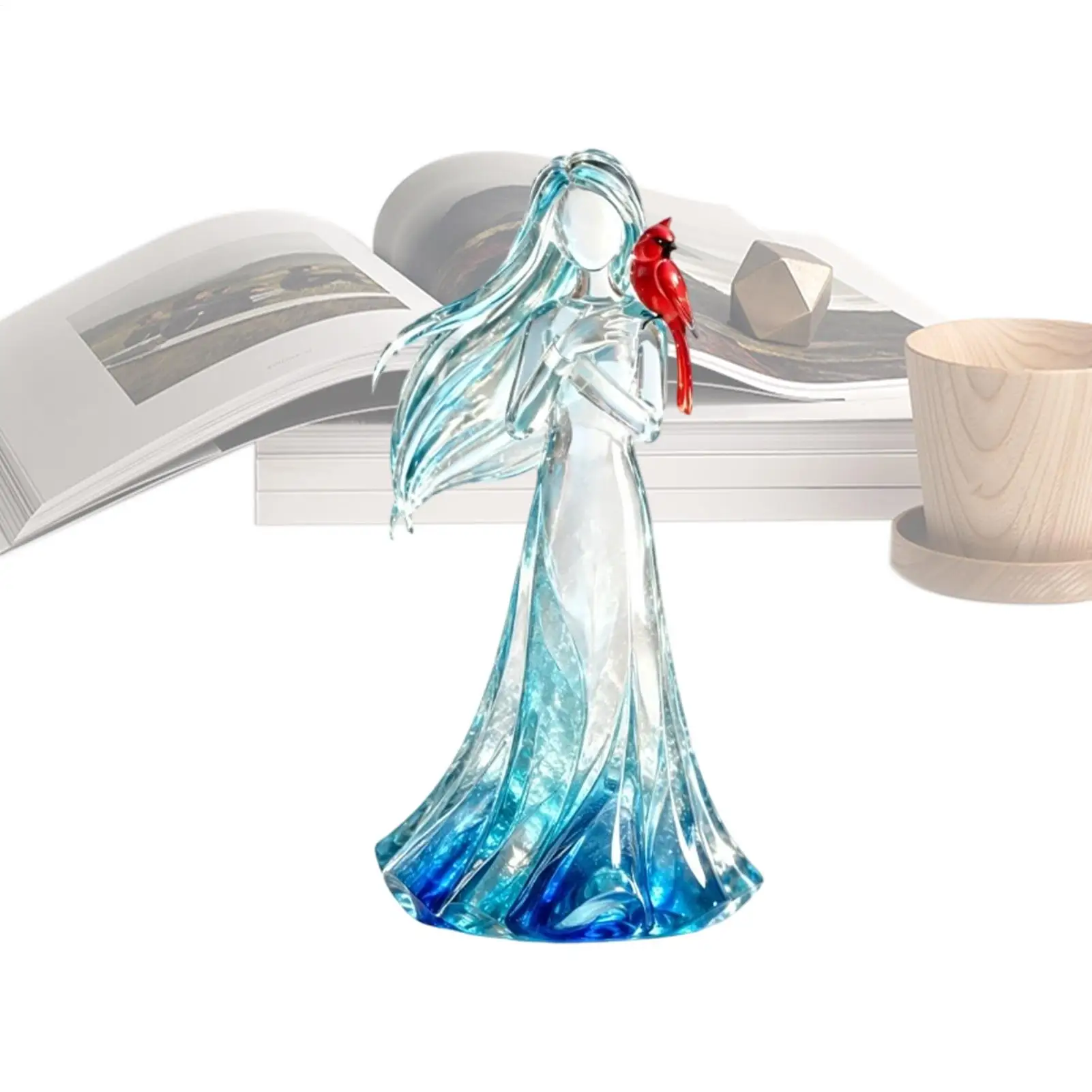 Abstract Redbird Memorial Lady Statue Resin Woman Red Bird Blue Gradient Ornament Angel Statue Remembering Lost Relatives Decor