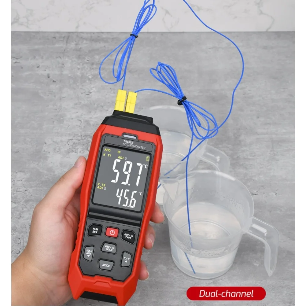

Двухканальный контактный термометр TA612B с поддержкой термопар K-типа и J-типа, памятью на 9999 измерений и интервальным таймером
