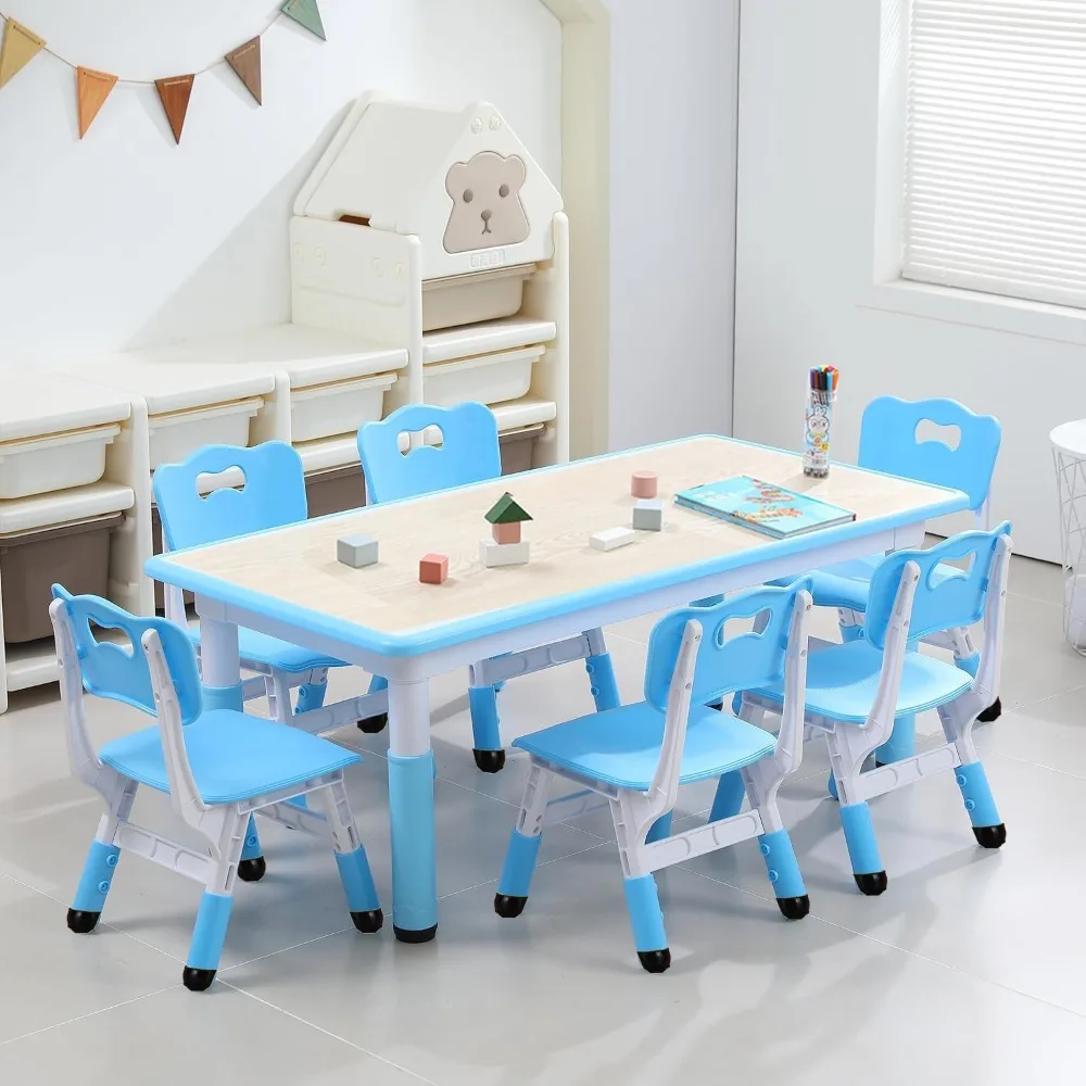 

Kids Table and 6 Chair Set - Height Adjustable, Multifunctional Desk, Max 300lbs, for Ages 2-10, Classroom, Daycares, Home