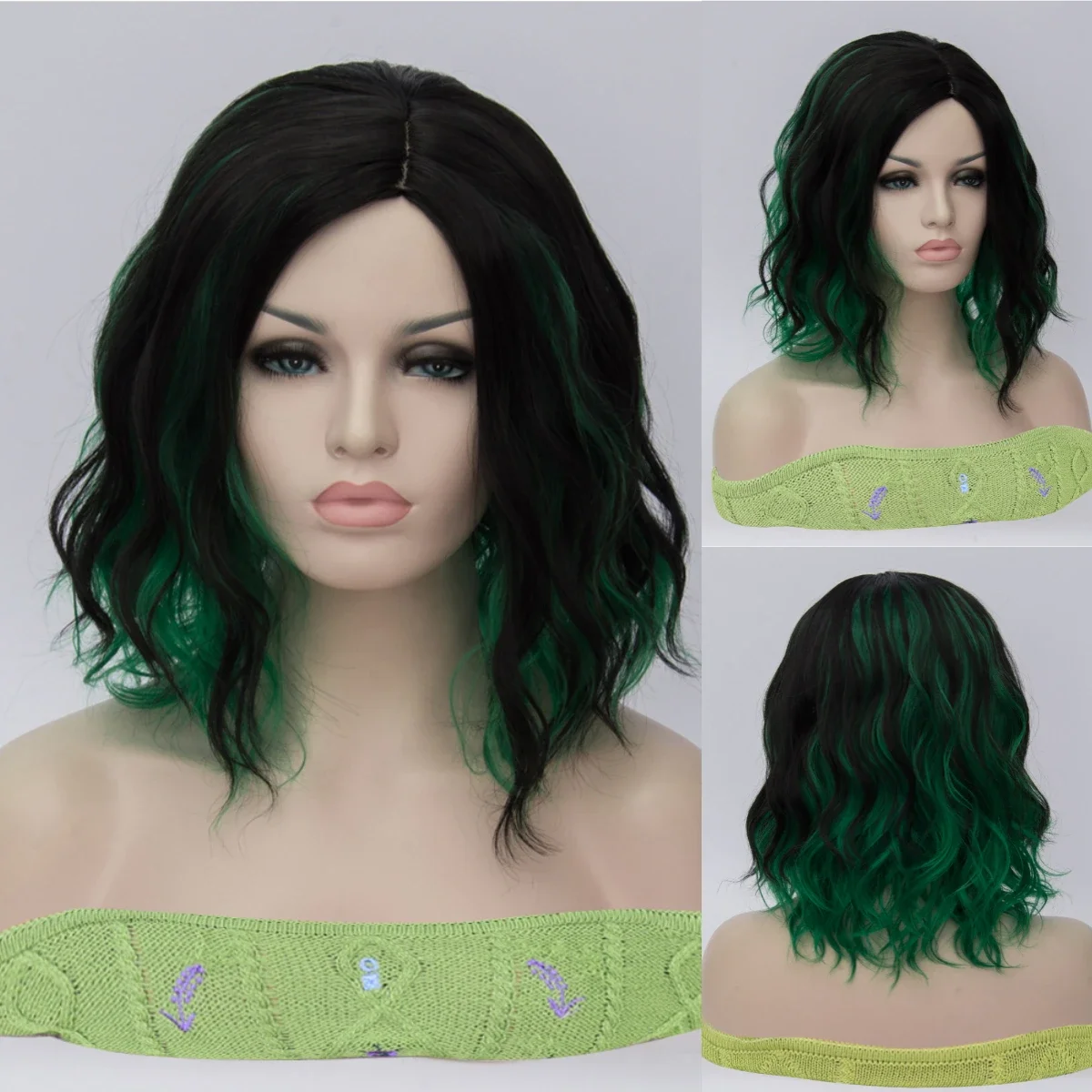 Black And Green Mixed Color Short Wave Head Synthetic Wig Women's Heat-resistant Role-playing Party Lolita Hair