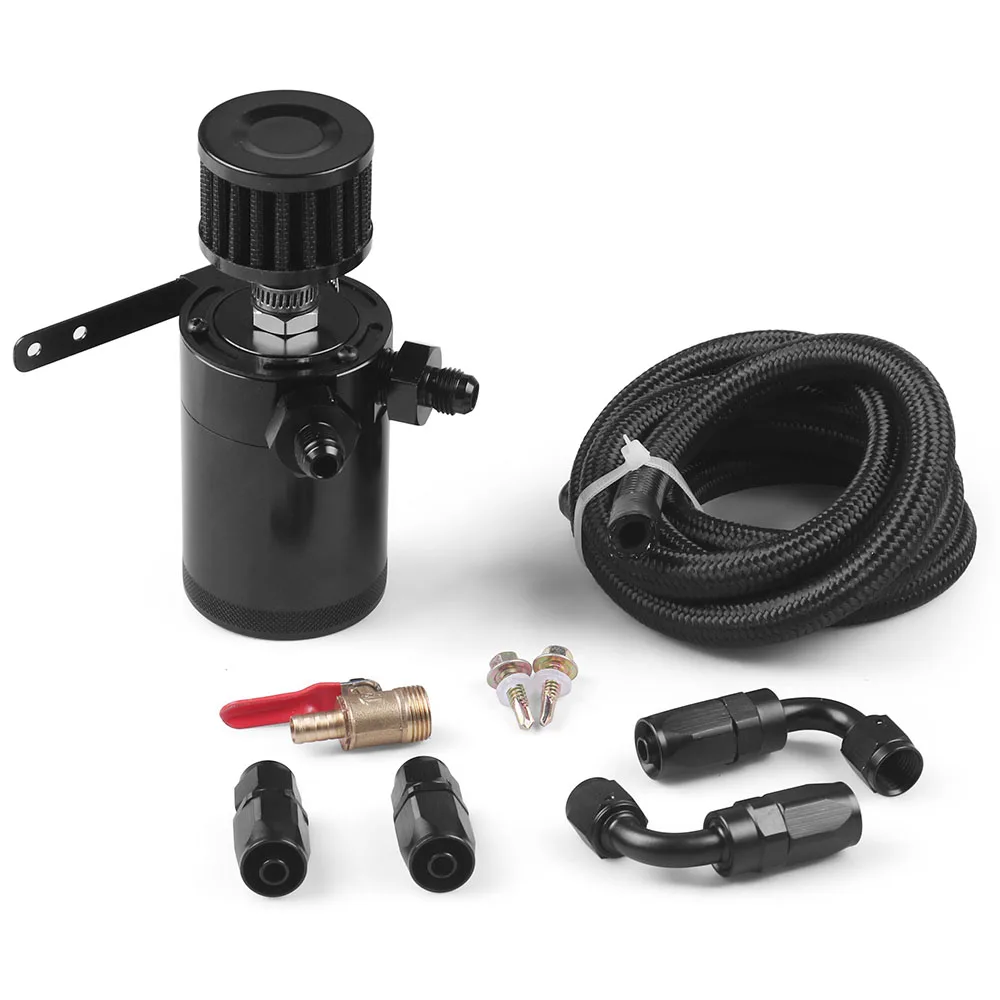 

Universal Performance Oil Catch Can Filter Breather Tank With Mounting Bracket Kit 2 Port Hose Drain -AN6 AN8 AN10