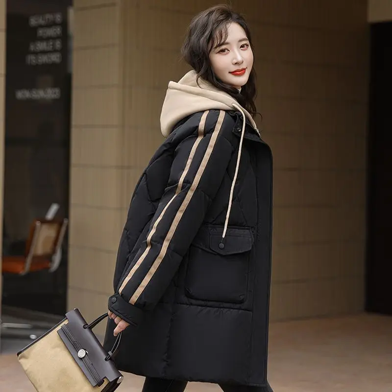 Roupas femininas falso bloco de cor de duas peças inverno grosso plus size para baixo jaqueta de algodão de comprimento médio casaco de algodão quente outerwear