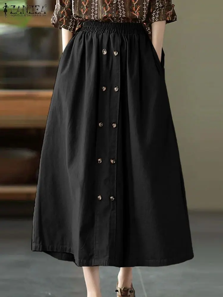 ZANZEA Fashion Pleated Jupes Women Umbrella Midi Skirts 2024 Summer Elastic Waist Long Skirt Holiday Casual Loose Buttons Faldas