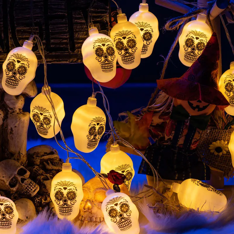 LED Skull Shape String Lights, Warm White Decorative Fairy Lights, Indoor Outdoor Lamp for Halloween Party Yard Home