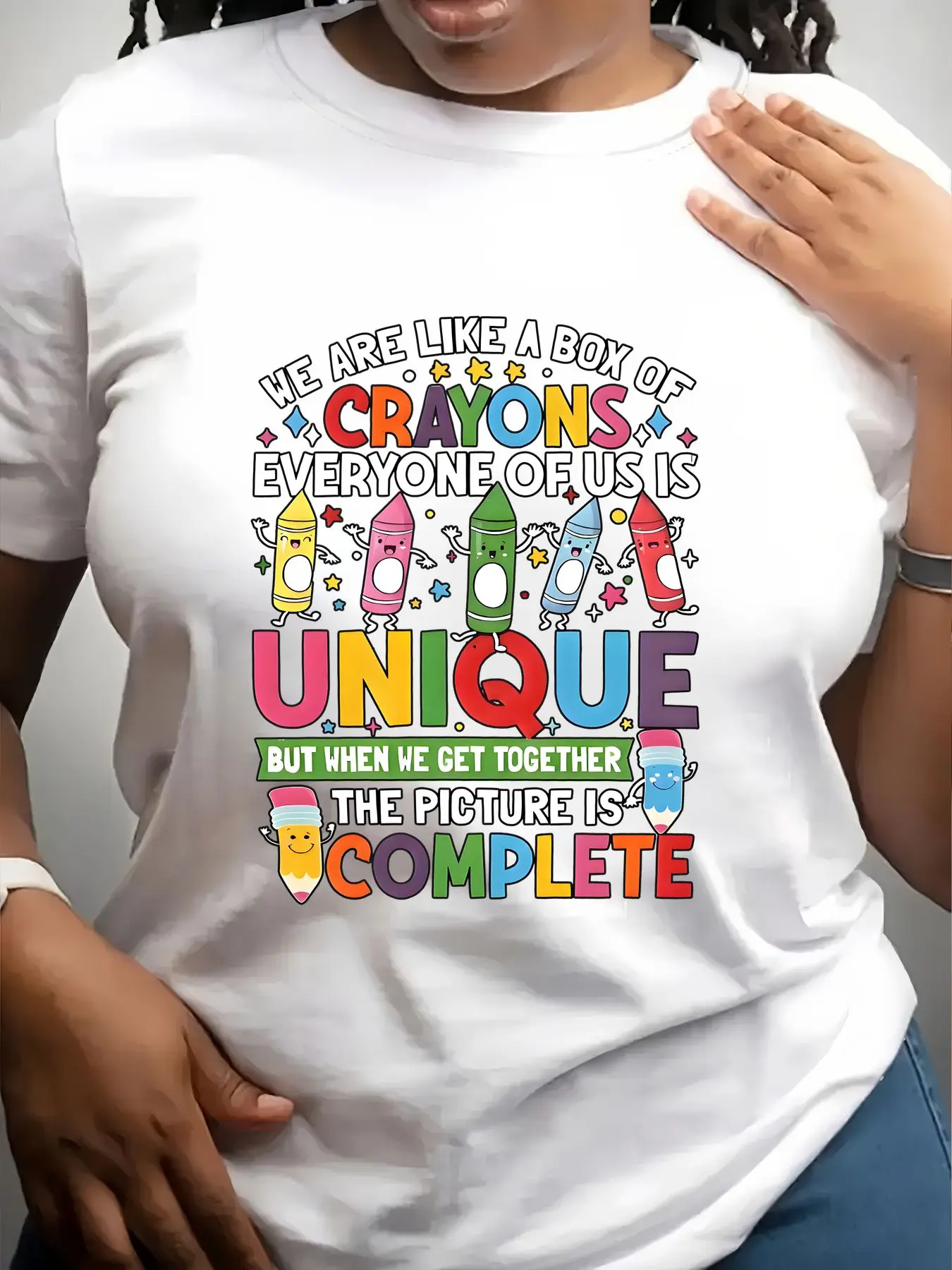 Women's Trendy Crew Neck T-Shirt We Are Like Crayons Unique Complete Suitable for Casual Sportswear