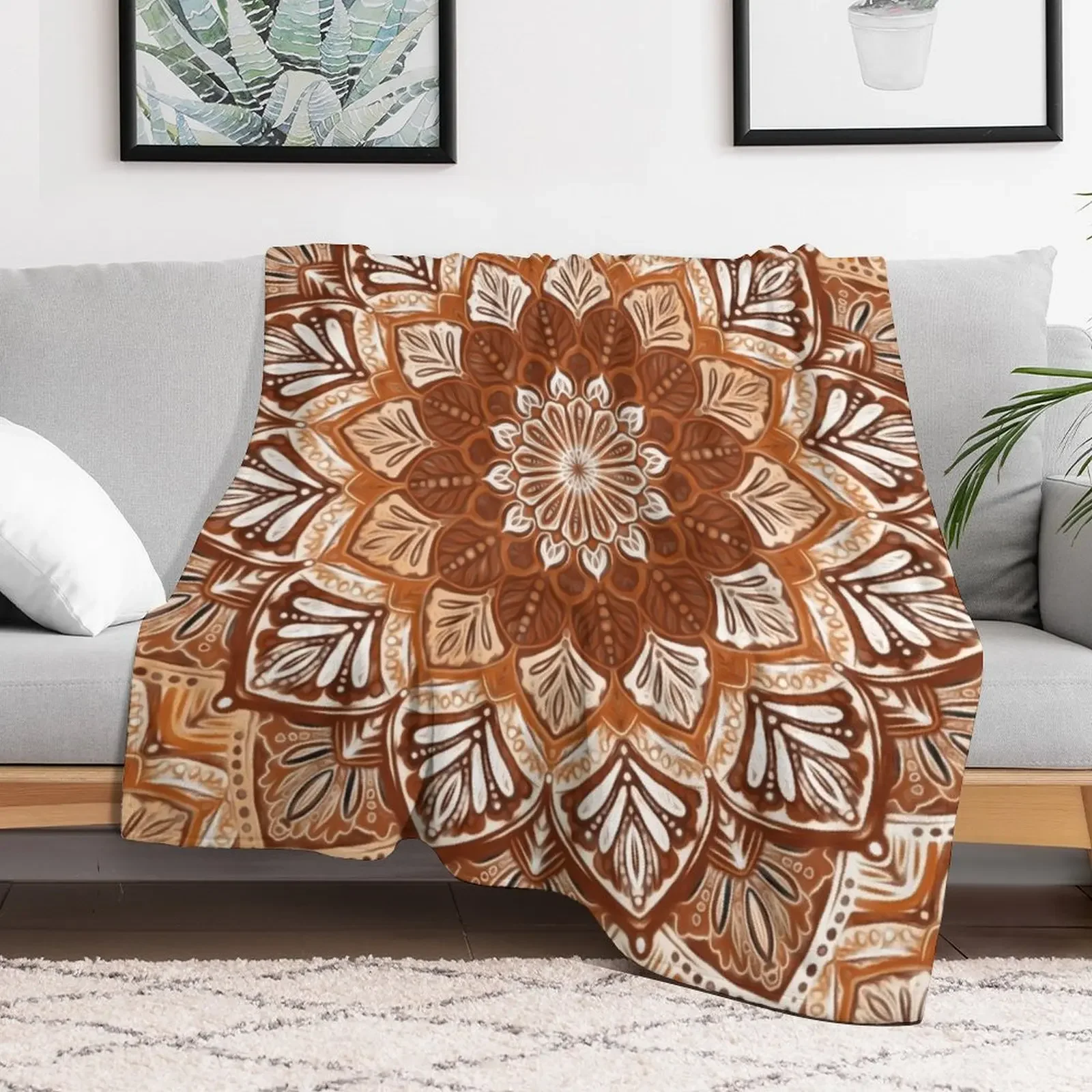 Boho Mandala in Monochrome Brown and Cream Throw Blanket Fluffy Cozy Throw Blanket for Home Decor