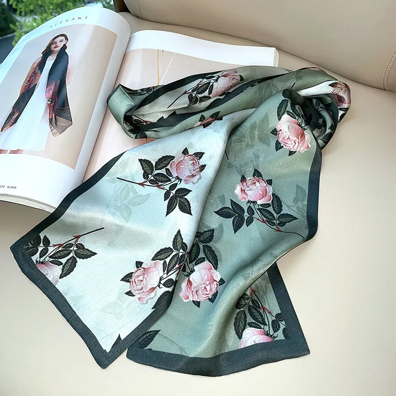 

Floral Print 100% Silk Scarf Neckerchief Narrow Long Womens Neck Head Hair Scarves Wraps 150*16cm