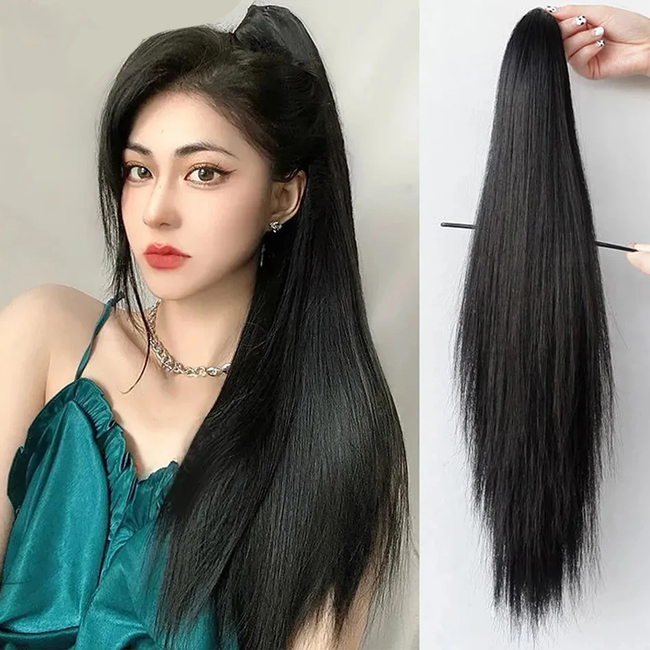 22Inches Long Straight Synthetic Claw Clip Ponytail Extension Brown Black Synthetic Ponytail Wig With Mini Claw Clip For Women
