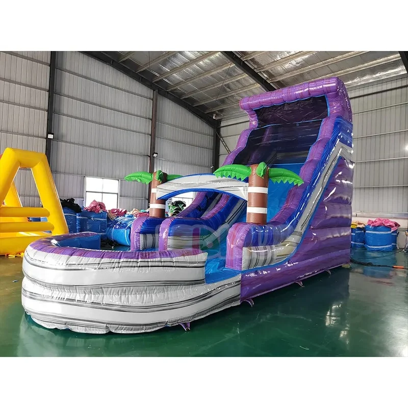 Tropical Palm Tree Inflatable Water Slide Commercial PVC Purple Blue Waterslide With Splash Pool for Backyard Summer Water Park
