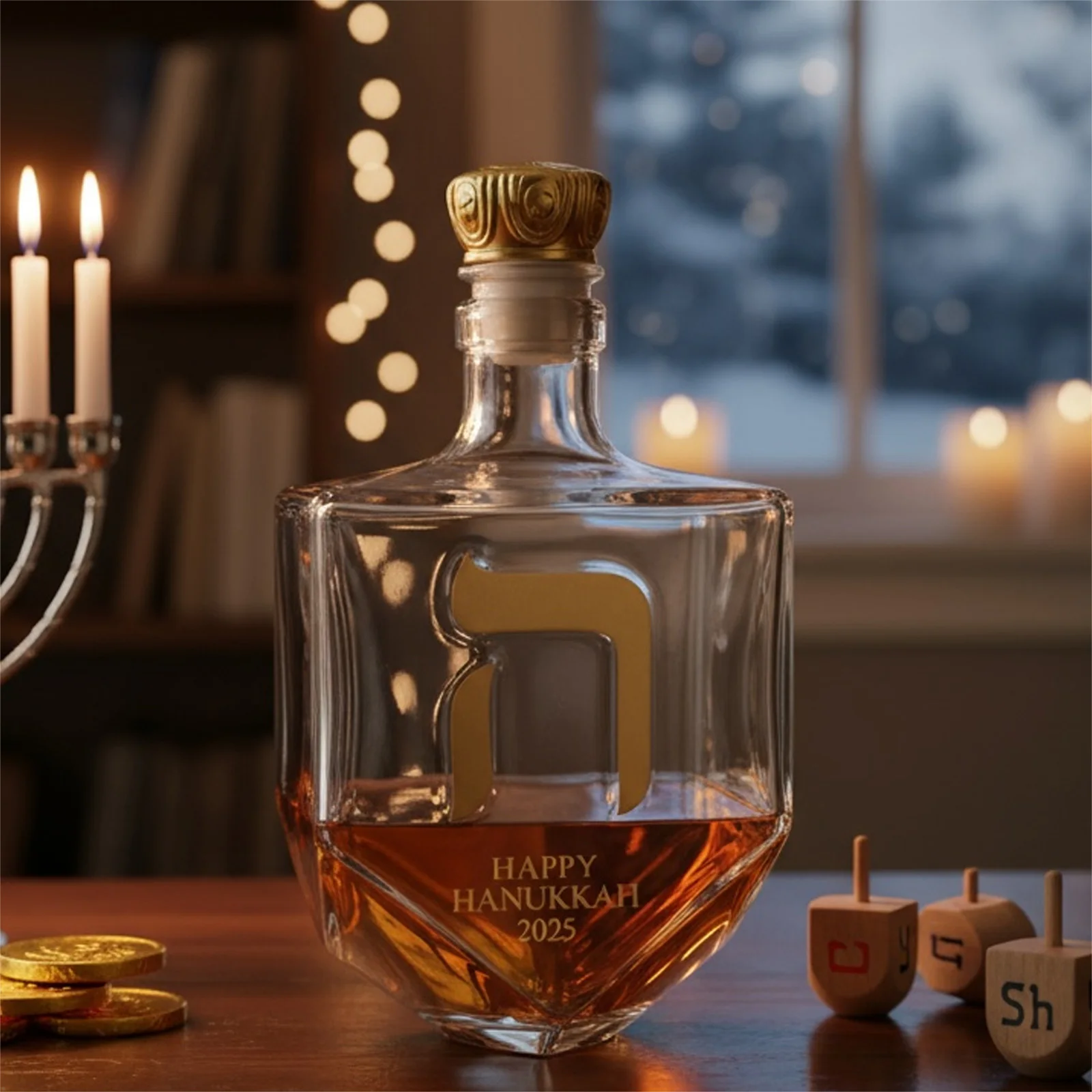 Hanukkah Dreidel Bottle W/ Golden Hebrew Letters Crown Cap Dreidel Decanter for Festival Home Bar Display