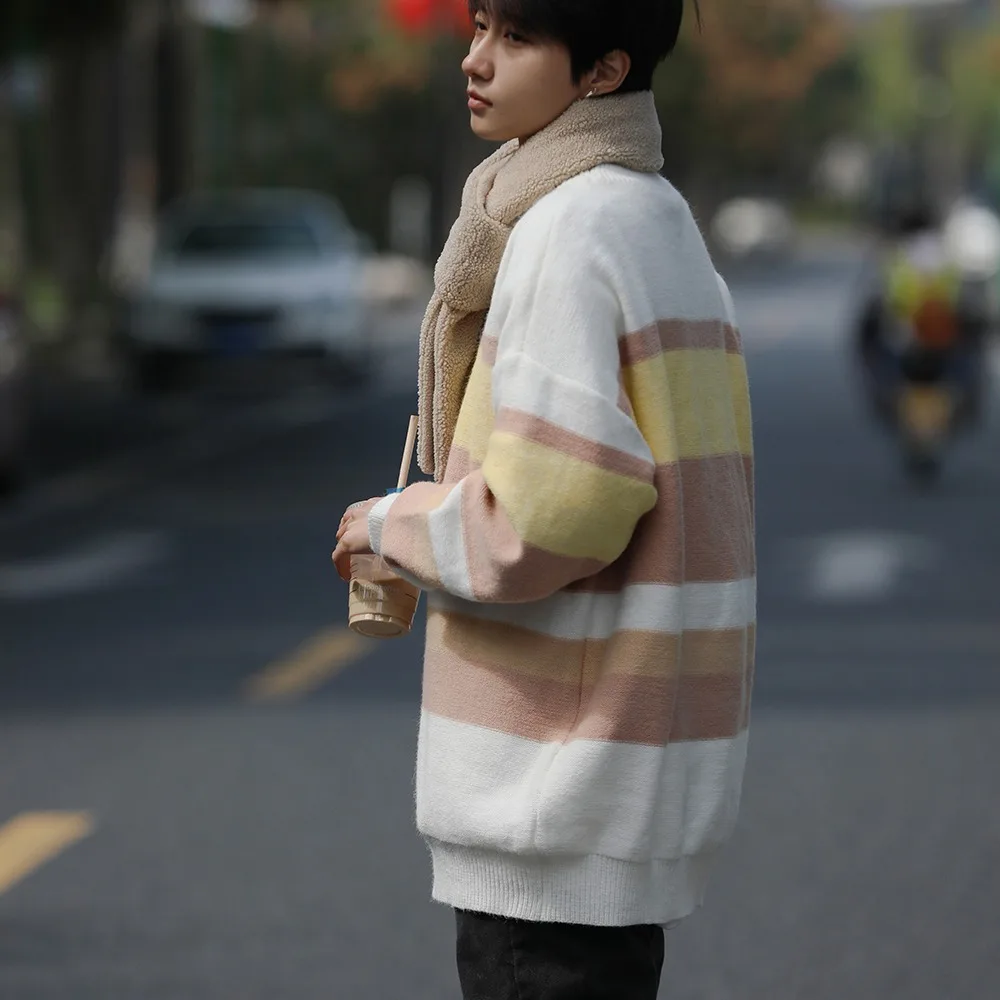 الخريف الشتاء الرجال الكورية Sle في سن المراهقة مخطط تريكو Faionable تنوعا اللون بلو كسول جولة Ne البلوز سترة