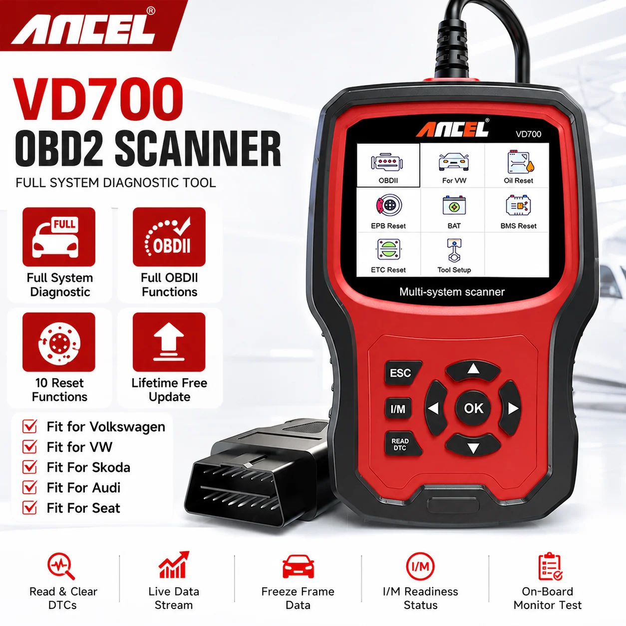 ANCEL VD700 OBD2 Scanner Full System Car Diagnostic Tool ABS EPB TPMS DPF Code Reader Fit for VAG VW Audi Skoda Auto Scan Tool