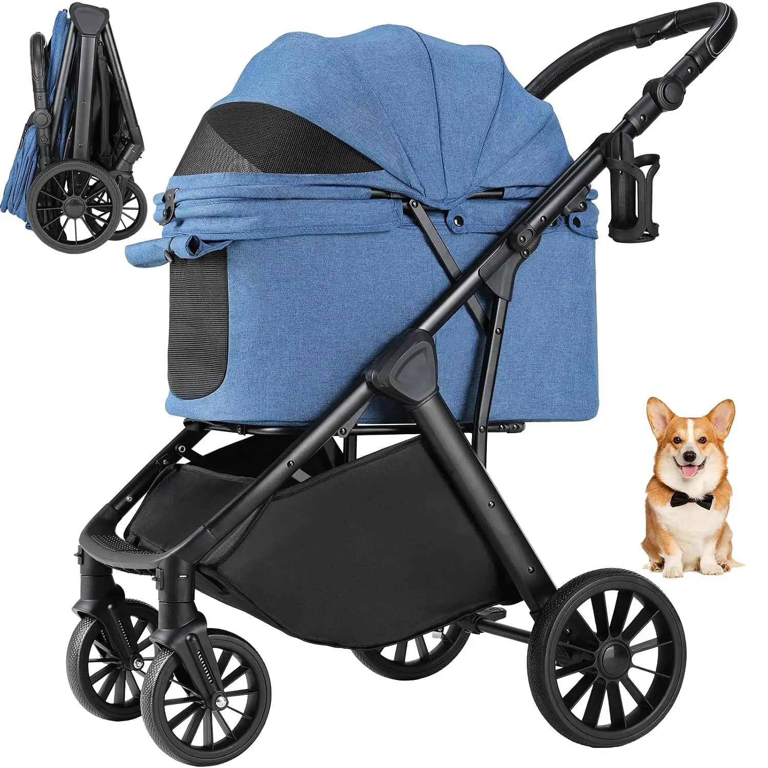 Foldable Dog Stroller for Medium Dogs Up to 33 Lbs, One-Click Fold | All-Terrain Pet Stroller for Senior & Injured with Adjustab