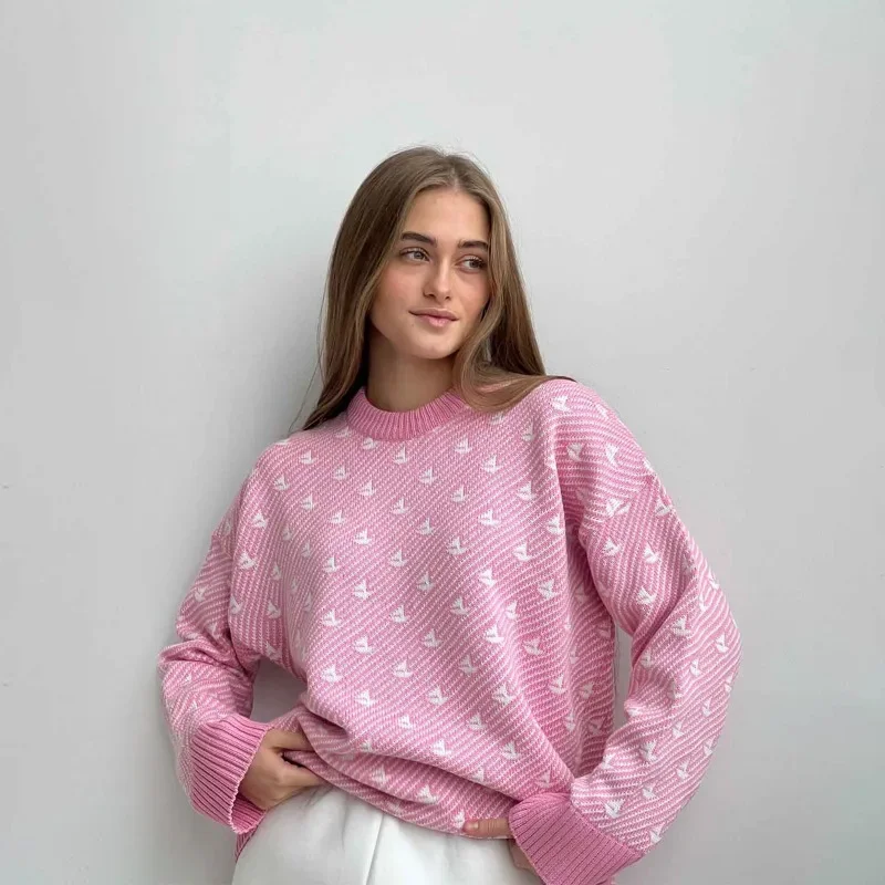 Talenza Knitted Loose Sweater Pullover Women's Fashion Printed Long Sleeve Sweater Casual Slim Round Neck New Pullover Sweater