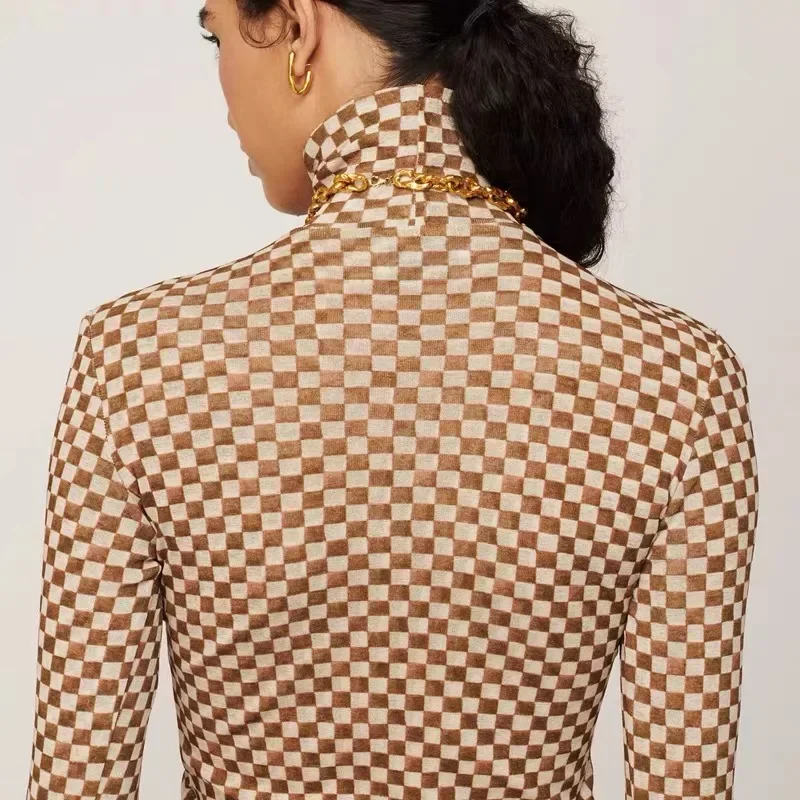 NA@ LUXURY Women\'s Undercoat Checker Print Autumn and Winter 2024 New High Neck Long Sleeve T-shirt