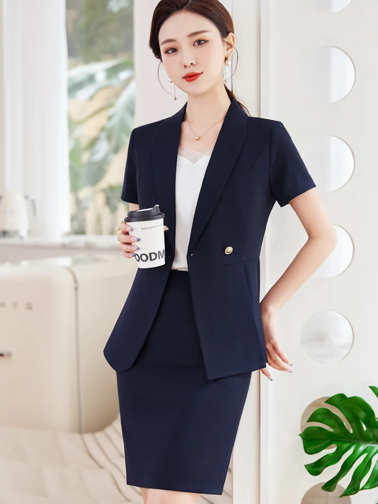 Business Short Sleeve Suit Skirt Set Women's Summer Elegant Jewelry Store Work Uniform Beauty Salon Hotel Professional Outfit