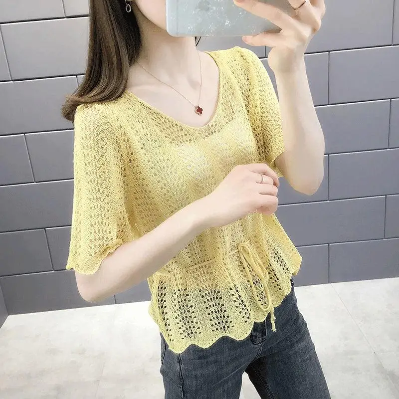 Fashion Bandage Bow Hollow Out Butterfly Sleeve T-Shirt Women's Clothing 2023 Summer New Casual Pullovers Loose Korean Tee Shirt