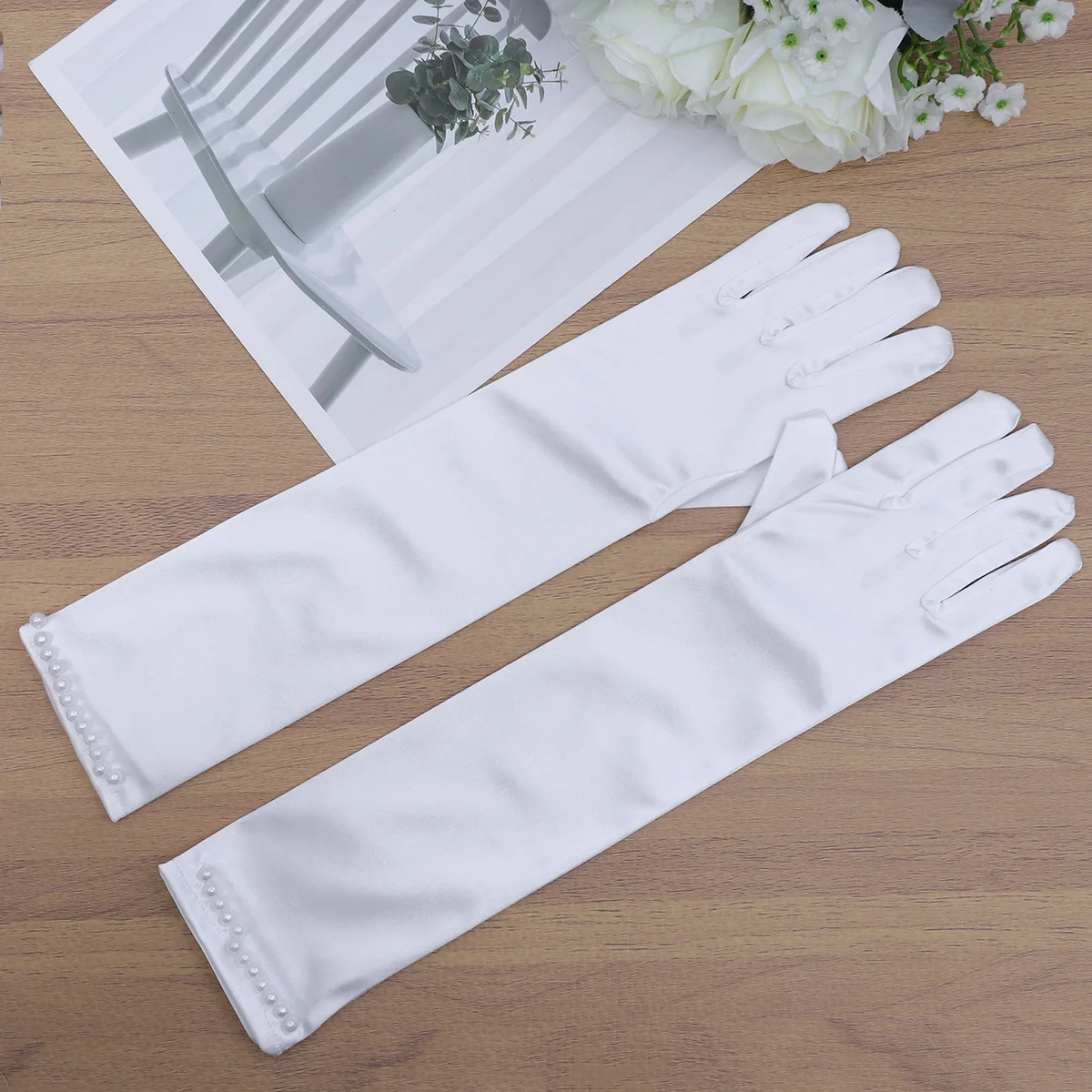 

1 Pair Wedding Flower Gloves Long Satin Pearl Decor Dress Gloves for Wedding Evening Party - Size L (White)