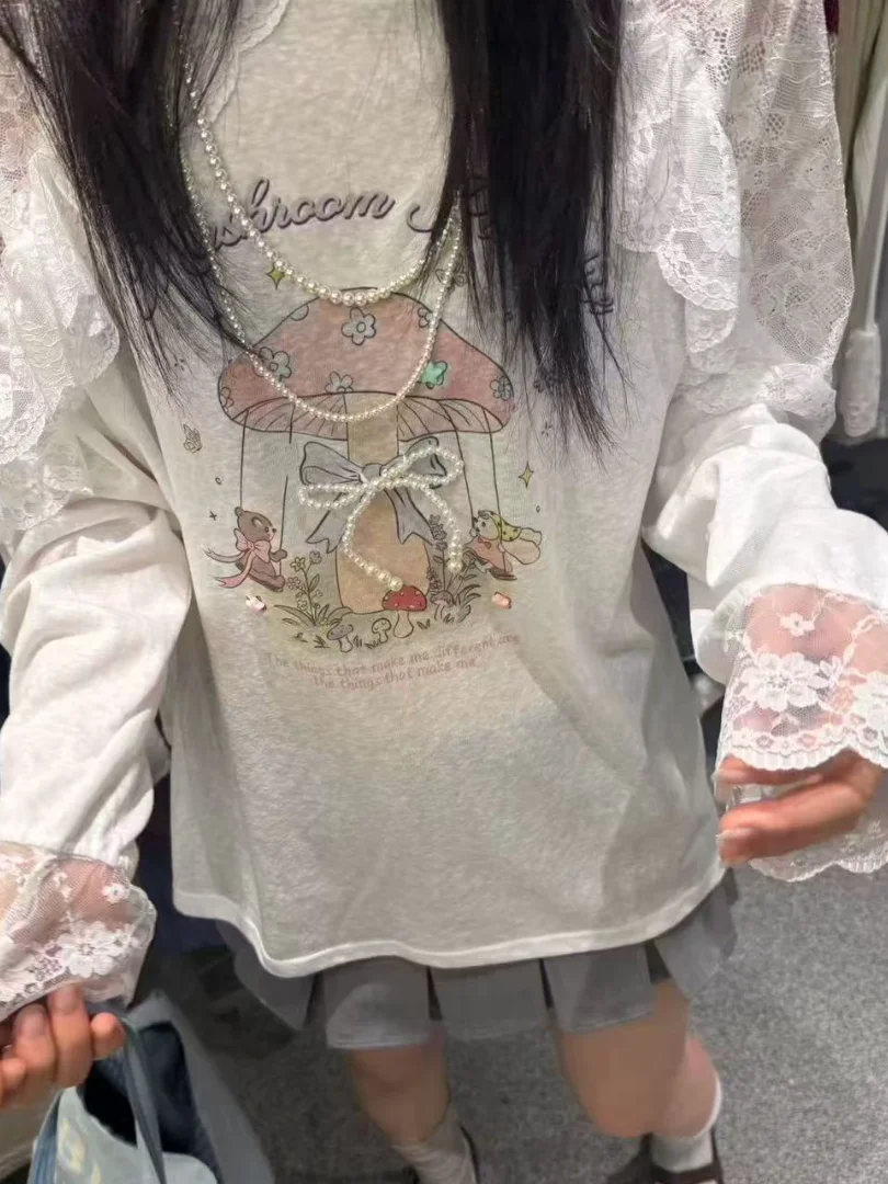 Lace Splicing Long Sleeve T-Shirt Women's Early Autumn Mesh Loose Gentle Atmosphere Sense Cover up Top Mushroom Print Casual ...
