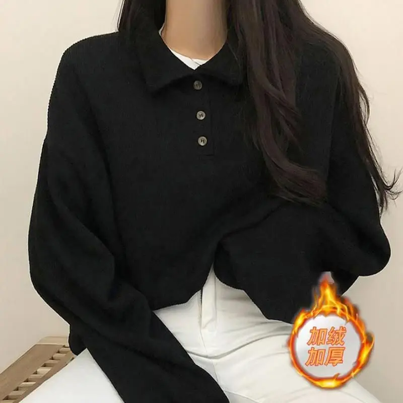 Velvet Thickened Warm Sweatshirt Women New Button POLO Collar Long-sleeved T-shirt College Style Loose Top Ins Trendy