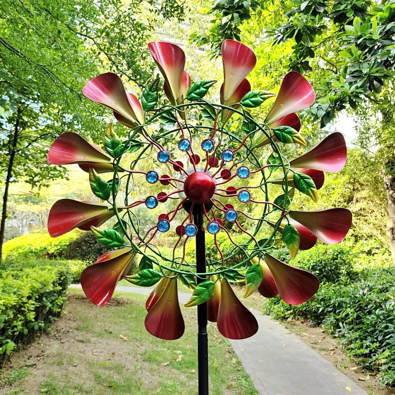Decorative horn with lamp, sunflower simulation, green plant double-sided rotating wrought iron windmill landing